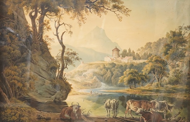 J H Fidlor (Late 18th / early 19th. C), Riverscape with cattle watering, signed and dated 1807, 3S6XJ stencil verso, watercolour, 41 x 60cm, gilt framed